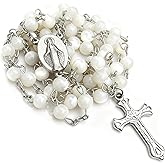 LinZengYo rosary beads catholic for women and men, 6mm White Trochus Shell rosary beads with Ornate Silver Crucifix and Virgin Mary Medal