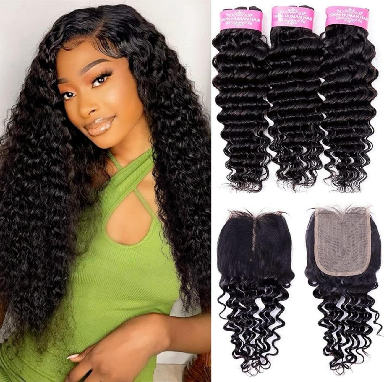 Sexycat Deep Curly Bundles with 4x4 Lace Closure Human Hair 14 16 18+12 Inch 100% Unprocessed Brazilian Virgin Hair Extensions Water Wave Weave Bundles with Middle Part Closure