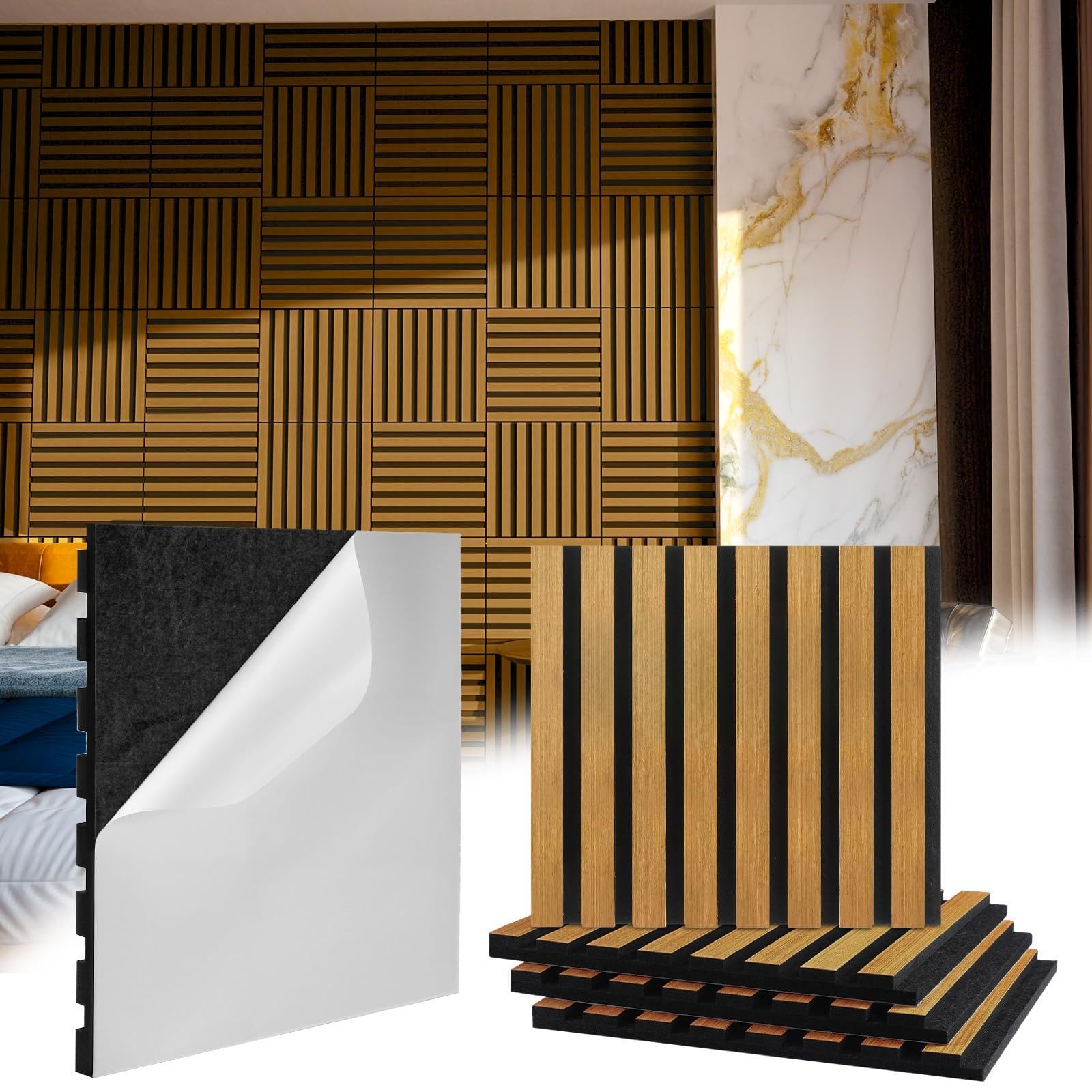 Photo 1 of ***MISSING PIECES -SELLING AS SET OF 4 ONLY*** Geelin 4 Pcs 3D Wood Wall Panels Peel and Stick Self Adhesive Wood Slat Acoustic Textured Panel for Interior Wall Paneling Decor and Ceilings Soundproof 3D Fluted 11.8" x 12.6"(Brown)