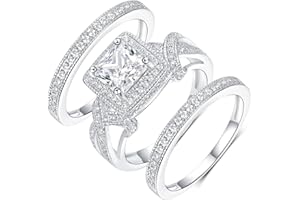 MDFUN 18K White Gold Plated Cubic Zirconia Three-in-One Square Halo Wedding Engagement Promise Eternity Ring for Women