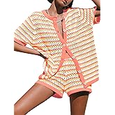 Saodimallsu Womens Crochet Swimsuit Coverup Summer Beach Sets Striped Knit Short Sleeve Button Shirts 2 Piece Short Set Orange