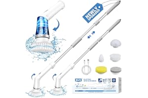 BUQ Electric Spin Scrubber, Bathroom Cleaning Brush, 2 Speeds with 5 Replacement Heads, Shower Scrubber Brush with Long Handle for Kitchen, Bathtub, Toilet, Grout Tile Floor，100mins Runtime