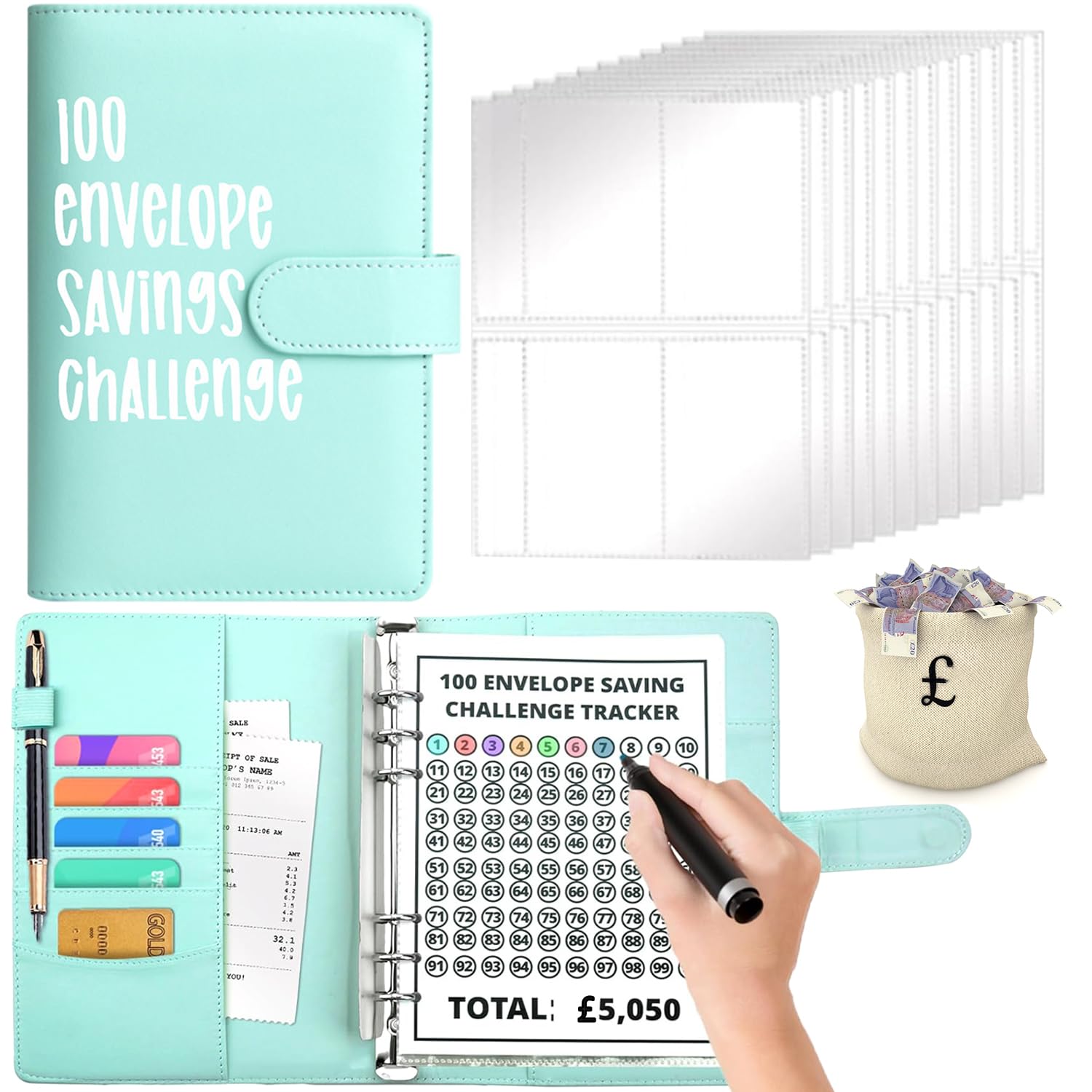 RHZXD 100 Envelope Challenge Binder, Sky Blue Saving Challenge Binder, Cash Binder, Savings Binder, Money Saving Envelope for School, Home, Office