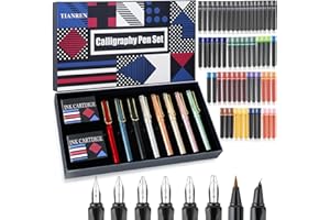 TIANREN Calligraphy Pen set,Fountain Pens with 8 Different Replaceable Nibs with 60 Ink Cartridges(12 Colors),Calligraphy set for Beginner Writing Drawing.