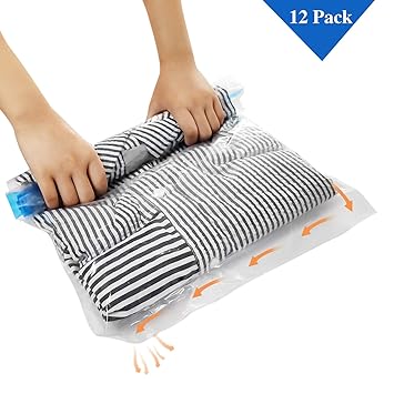 12 tlg Set Reise Vakuumbeutel, Suob 3 Größen (70x50cm, 60x40cm, 50x35cm) Vakuum Aufbewahrungsbeutel zum Rollen für Kleidung, 