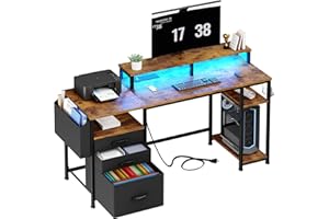 Lufeiya Computer Desk with File Drawers Cabinet, 55 Inch Home Office Desk with Shelves Monitor Stand, Study Writing Gaming Desks with Led Light Power Outlets for Bedroom, Rustic Brown