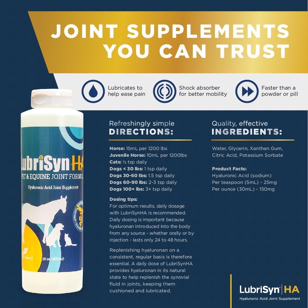 LubriSynHA Hyaluronic Acid Pet & Equine Joint Formula 16oz - All-Natural, High-Molecular Weight Liquid Hyaluronan - Joint Support for Horses, Dogs, Cats - Promotes Healthy Joint Function, Made in USA : Horse Nutritional Supplements And Remedies : Pet Supplies