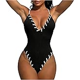 HYTENSUN Women's Criss Cross One Piece Swimsuits V Neck Binding Ribbed Swimwear High Cut Bathing Suit