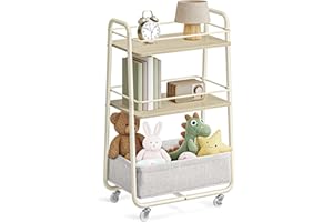 VASAGLE LILEA Collection - Storage Cart with Fabric Basket, 3-Tier Rolling Utility Cart with Wheels and Shelves, for Living R