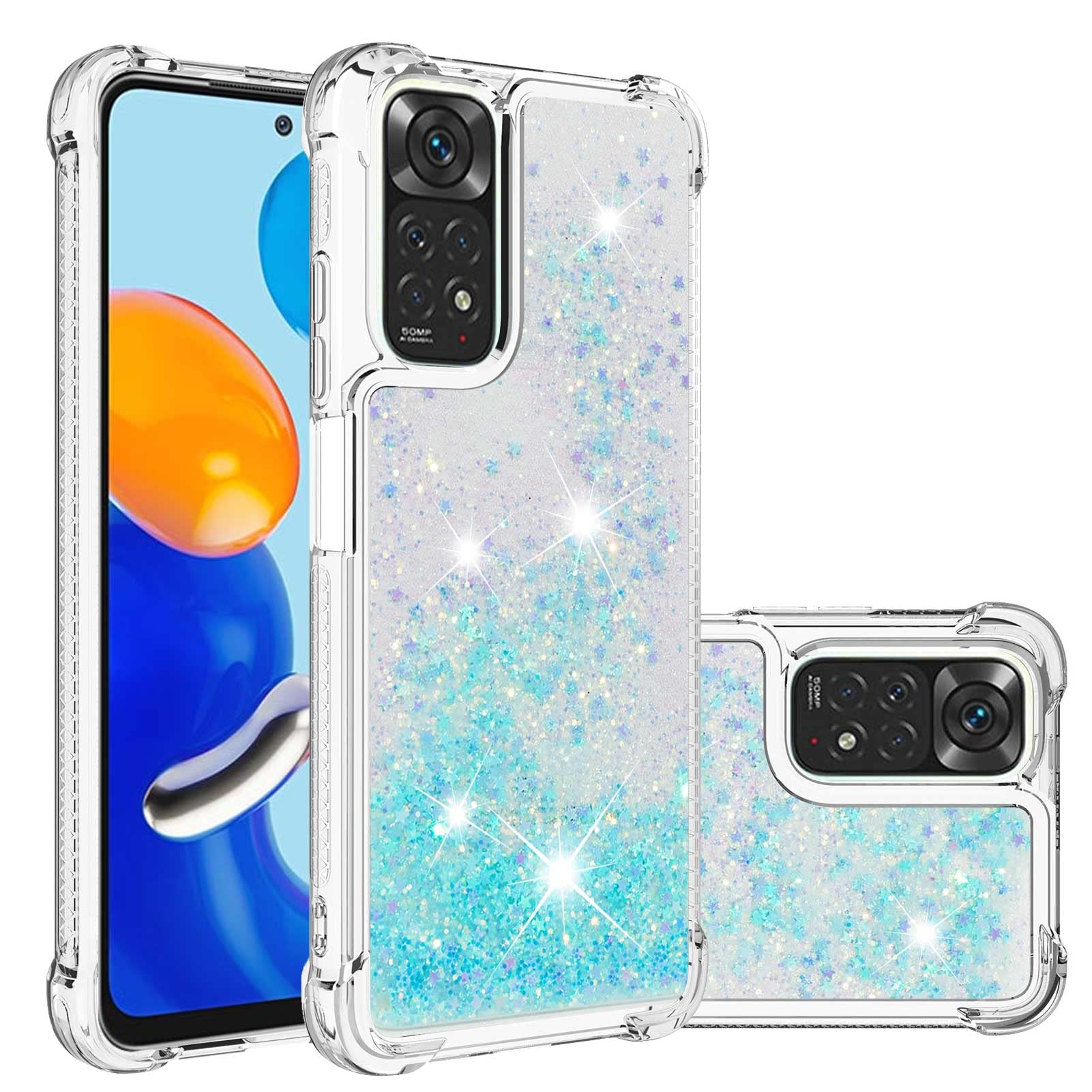IMIRST Silicone Phone Case for Redmi Note 11 / 11s 4G, Corner Airbag Fall Protection Bling Glitter Quicksand Liquid Sparkle TPU Case Cover for Xiaomi Redmi Note 11s / 11 4G. YBW Star Blue