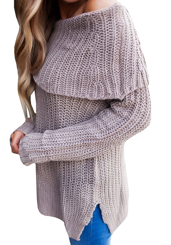 Geckatte Womens Off The Shoulder Sweaters Loose Knit Jumper Long Sleeve Pullober Sweater Tops