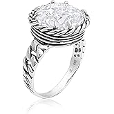 JEAN RACHEL JEWELRY 925 Sterling Silver Ring - Braid Chain with Square Cushion Cut Cubic Zirconia Vintage Design - Hypoallergenic, Lead & Nickel Free - Artisan Handcrafted Statement Rings for Women