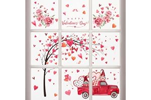 Yovkky Pink Hearts Tree Truck Gnome Wedding Anniversary Window Clings 9 Sheets, Happy Valentine’s Day Glass Stickers Decal Peony Flower Decor, Home Kitchen Fridge Decorations DIY Supply Double Sided