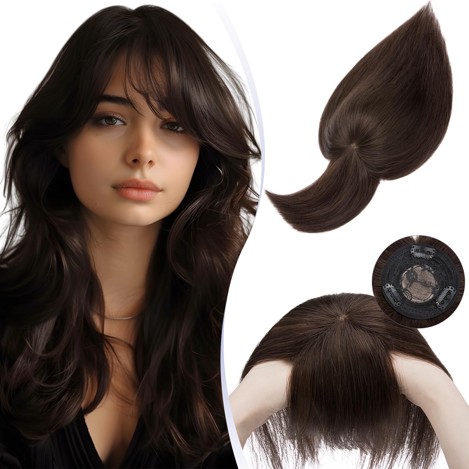 TESS Human Hair Toppers For Women UK For Thinning Hair Real Hair Topper With Bangs Fringe Mono Base Natural Crown Hairpiece Short - #02 Dark Brown - 10 Inch — image 1