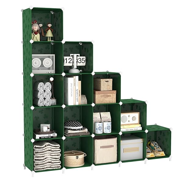 UNKU CUBE STORAGE ORGANIZER, 16 CUBE CLOSET ORGANIZER STORAGE SHELVES, DIY STACKABLE BOOKCASE, CLOTHES ORGANIZER SHELF FOR CLOSET, BEDROOM, LIVING ROOM, CABINET, HOME, OFFICE, GREEN