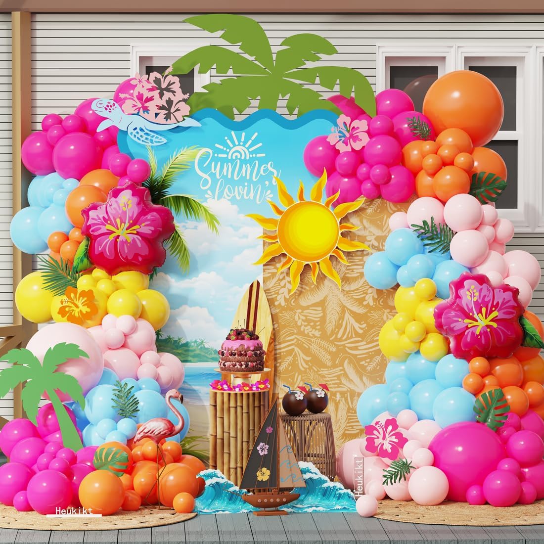 Photo 1 of 152Pcs Moana Birthday Party Decorations, Hot Pink Orange Macaron Pink Blue Balloons Garland Arch with Hibiscus Foil Balloon for Summer Tropical Luau Hawaii Magic Party Supplies