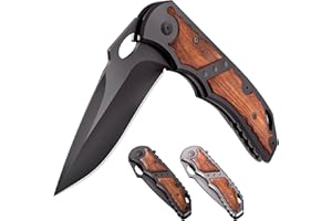 GRAND WAY Black Pocket Knife for Men with Wood Handle - 5Cr15MoV Sharp Folding Blade - Tactical Knives for EDC Camping Hiking Huntinng Survival Work - Mens Gifts Ideas for Birthday Anniversary 97010 B