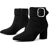Perphy Square Buckle Chunky Heels Pointed Toe Ankle Boots for Women