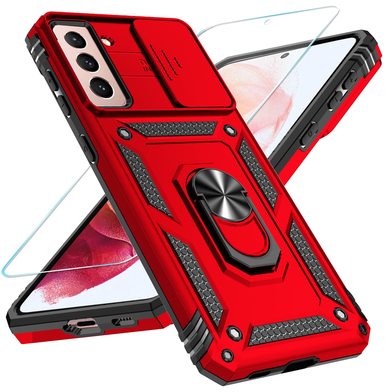 Photo 1 of SunStory Phone Case for Samsung Galaxy S21 5G Case with HD Screen Protector & Slide Camera Cover & Rotated Ring Kickstand, [Military-Grade] [2 in 1] Phone Case for (Galaxy S21 6.2'',Red)
