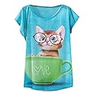 Futurino Women's Lovely Cup Cat in Teacup Print Short Sleeve T Shirt Tops