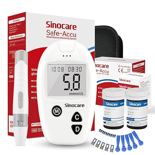 sinocare Safe-Accu Diabetes Testing Kit, Blood Glucose Monitor, with Test Strips x 50 & Lancing Devices x 50 & Case, for UK Diabetics -in mmol/L