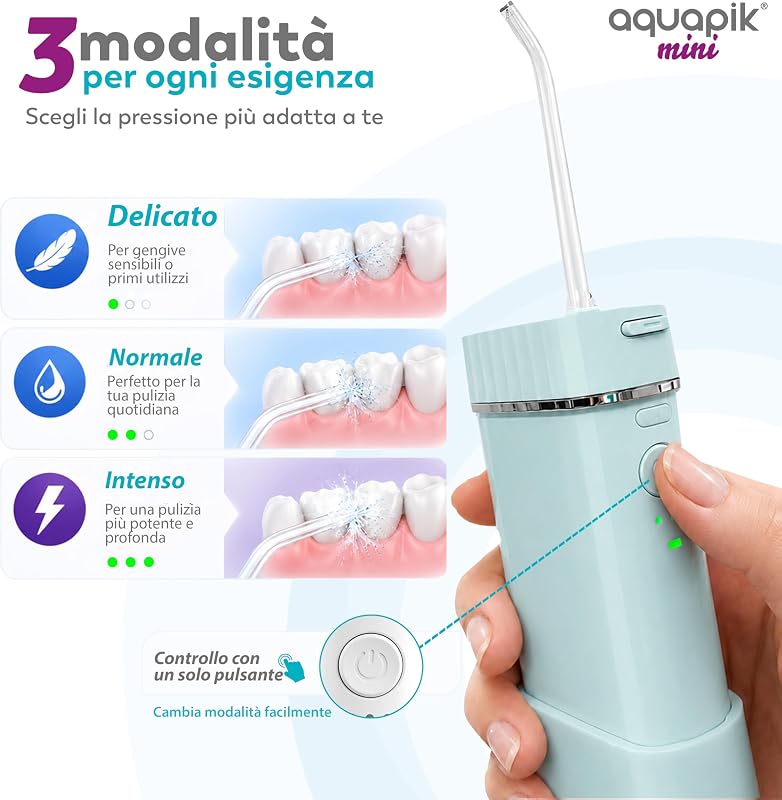 Aquapik® Mini Idropulsore Dentale Portatile 200ml USB-C 3 Modalità IPX8 Jet