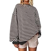 UEU Women Oversized Striped Crewneck Sweatshirt Long Sleeve Color Block Pullover Tops Casual Loose Workout Shirt