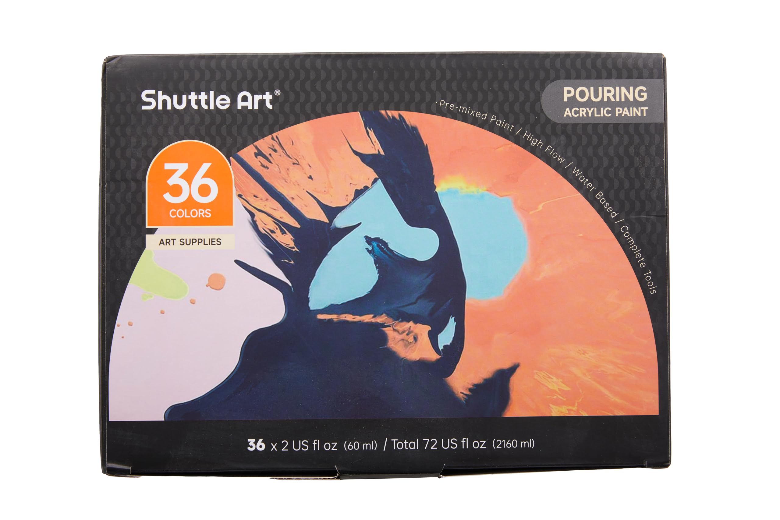 Shuttle Art Acrylic Pouring Paint, Set of 36 Bottles (2 oz/60ml) Pre-Mixed High-Flow Pouring Supplies with Canvas, Silicone Oil, Measuring Cups, Tablecloths, Complete Paint Pouring Kit