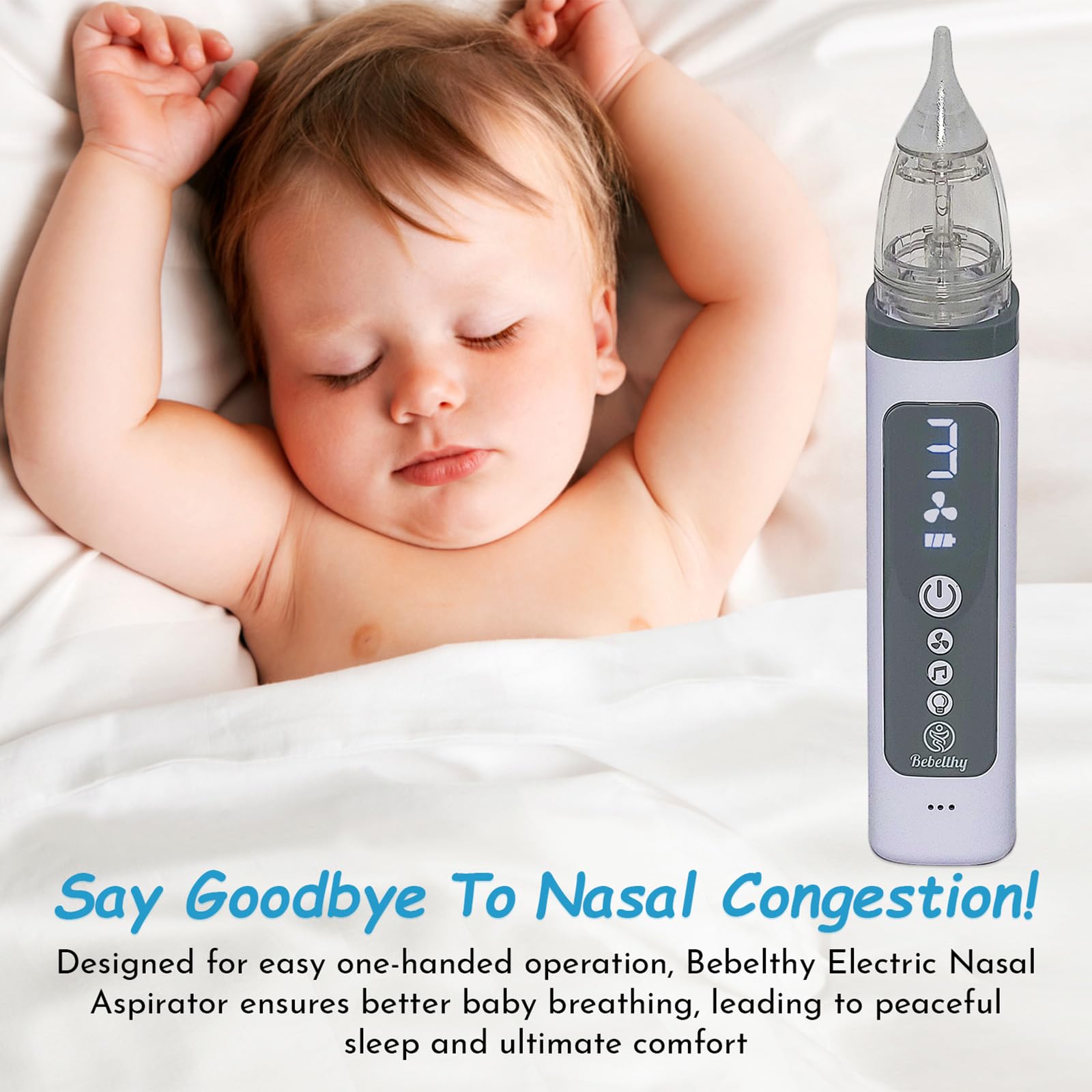 Nasal Aspirator for Baby, Electric Nose Sucker for Baby with Large Suction Flow, Lights and Music, Rechargeable, Aspirador Nasal para Bebes, with 3 Silicone Tips, Booger Tweezer, and Cleaning Brush