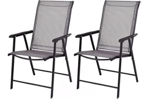 Giantex Set of 2 Patio Folding Chairs, Outdoor Chairs with Armrest, Portable Dining Chairs for Porch Camping Pool Beach Deck Lawn Garden, 2-Pack Patio Sling Chairs, Metal Frame, Grey