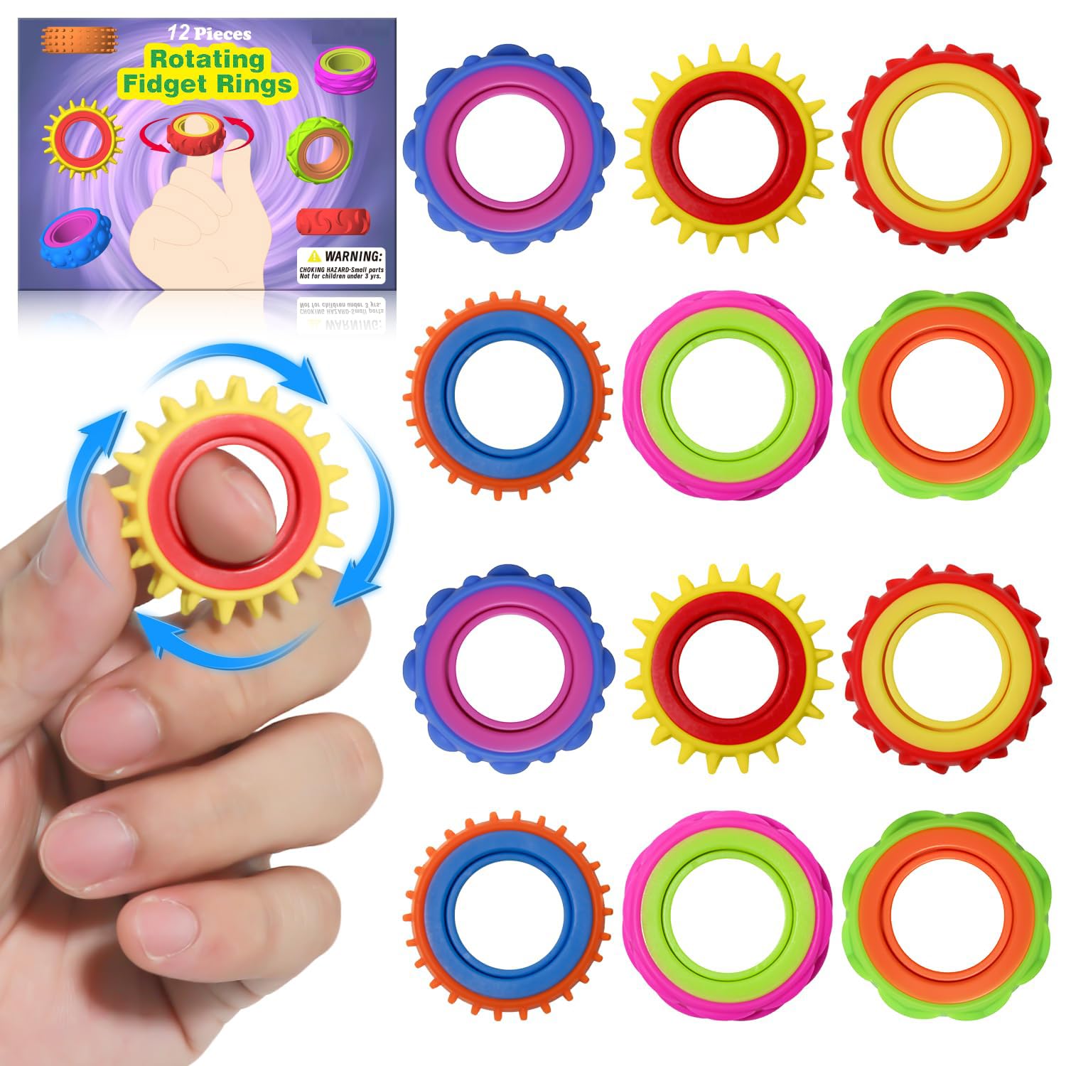 Bambebe 12 Pack Fidget Sensory Rings - Quiet Textured Finger Toys for Kids & Adults, Calming Stress Relief for Autism, ADHD, Anxiety, Suitable for Classroom & Office