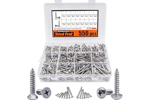 Trivd Frol 550Pcs Self Tapping Screws Assortment Set, M3/M4/M5/M6 304 Stainless Steel Sheet Metal Screws Kit, Phillips Drive Wood Screw Assortment 550Pcs(275pcs Round Head and 275pcs Flat Head)