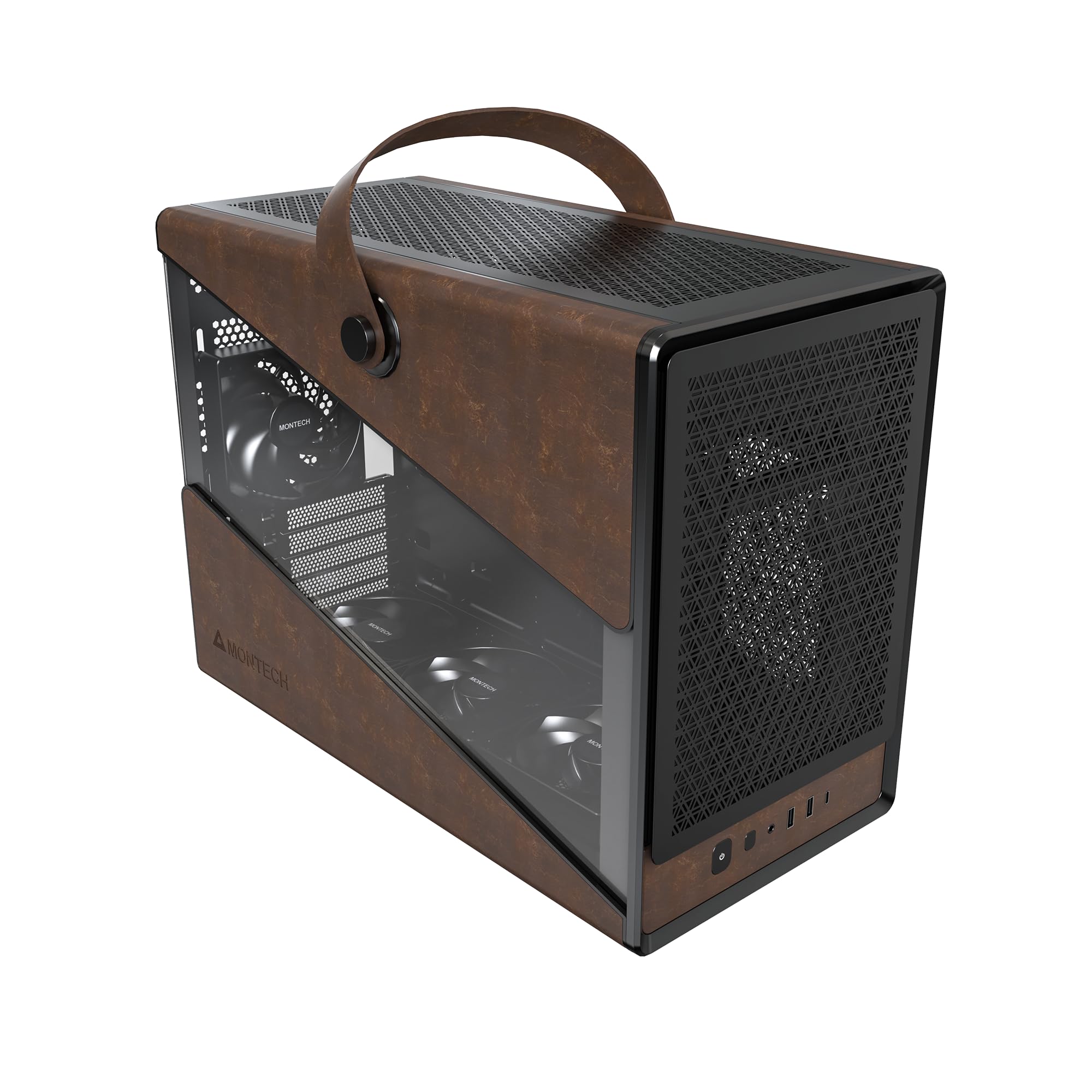 MONTECH Heritage PRO mATX, Compact Leather Gaming Chassis with Signature Handle Design, Supports RTX 50 Series GPUs, ATX PSU, and 360mm AIO, 4 Pre-Installed Fans, Headphone Hanger - Black (PRO)