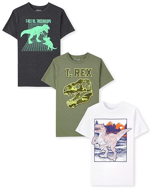 The Children's Place Boys' Short Sleeve Graphic T-Shirt 3-Pack, T-REX VS. Triceratops/T.REX/Dino, Medium (7/8)