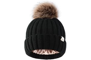 Hat Hut Toddler Beanie Satin Lined Beanie for Baby Winter Hats for Kids Pom Pom Beanie for Boys Girls