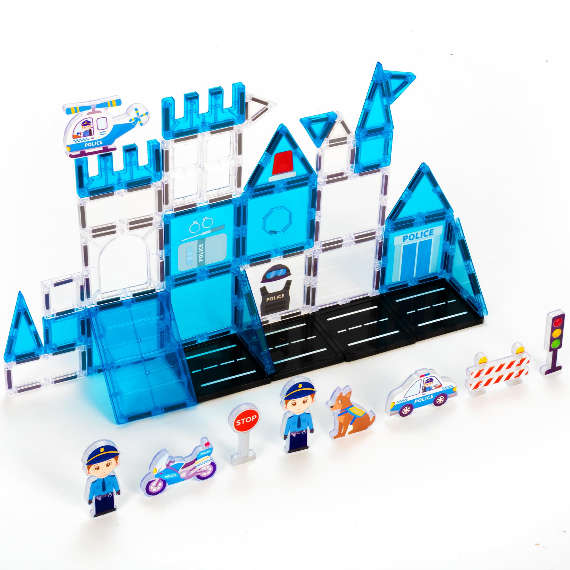 cossy Magnetic Tiles Police Set, Magnet Tiles with Policeman, Magnetic Tiles for Kids Ages 4-8, STEM Toys, Toys for 3 4 5 6 7 8 Year Old Boy and Girl, Creative Building Toys, Police