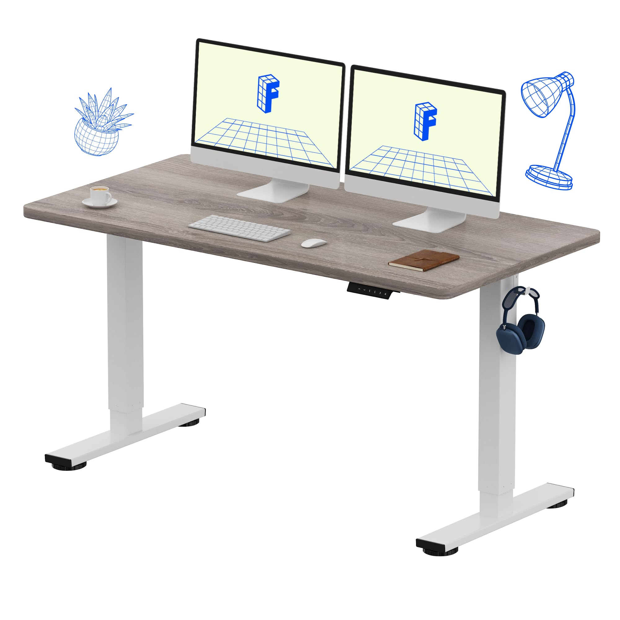 FLEXISPOT EN1 One-Piece Standing Desk with 1-Inch Thick Seamless Desktop, 55"x28" Electric Height Adjustable Desk for Home Office, Multi-Monitor Setups & Easy Assembly, Gray Wood Image