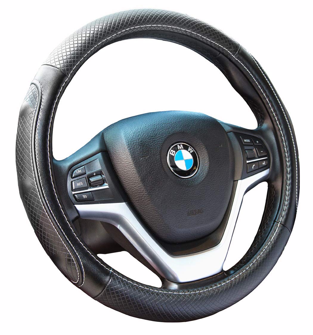 Super Accessories Auto Steering Wheel Cover Leather Universal 15 inch Fashion Feel Comfortable with Genuine Leather Steering Wheel Cover for Car Truck SUV (Black with White Lines)