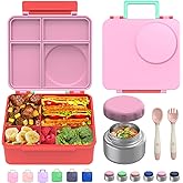 JoyYum Bento Box for Kids - Leak-Proof Bento Lunch Box with Insulated Thermos Food Jar - 4 Compartments, 1 Removable Divider, 1Spoon, 1 Fork - Dishwasher Safe, BPA-Free (Pink)