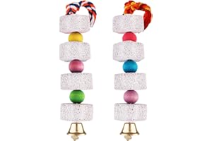 Unibene Parrot Chewing Toy, Bird Beak Grinding Stone with Bell, Lava Block Calcium Supplement Food for African Greys Amazon Conure Eclectus Budgies Parakeet Cockatiel Hamster Chinchilla Rabbit, 2 Pack