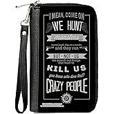 Buckle-Down Supernatural Wallet, Zip Around, Supernatural Dean CRAZY PEOPLE Quote/Winchester Pentagram Black/Grays, Vegan Leather