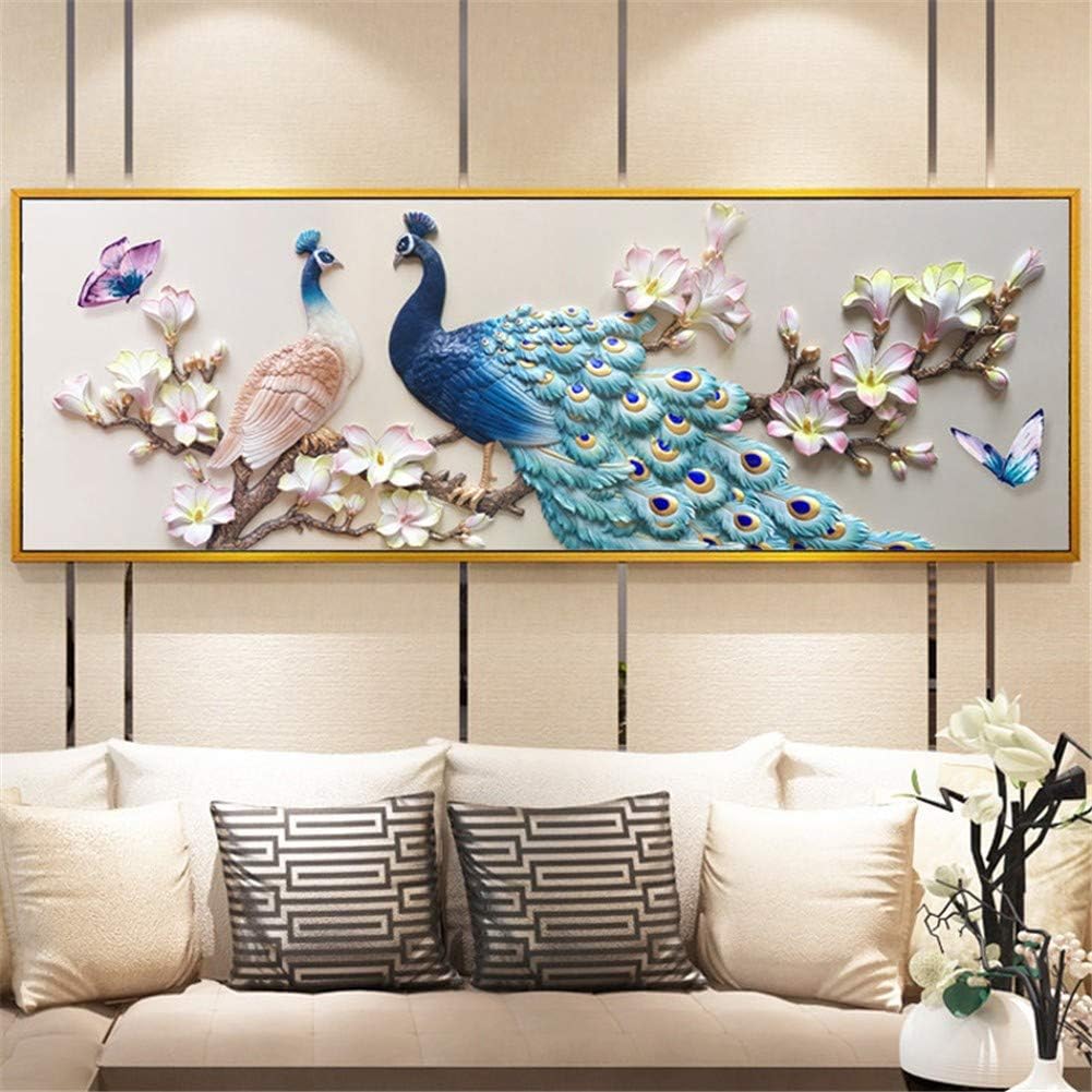 Damimi DIY 5D Diamond Painting by Number Kits Large Size Full Drill Chinese Style Peacock Magnolia Butterfly Crystal Embroidery Arts for Home Bedroom Wall Decor-Square Drill 30x90cm