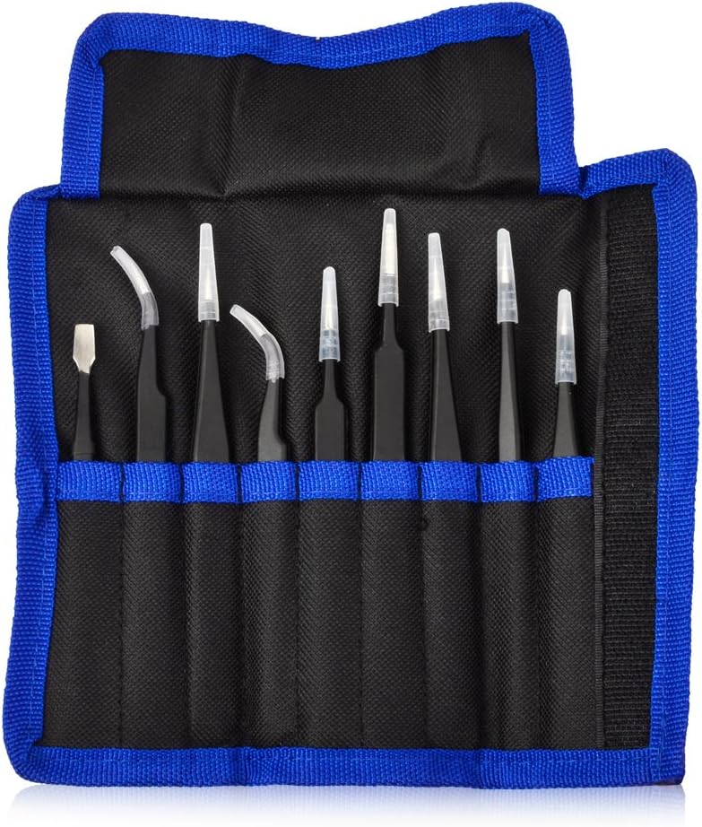 ISOTO 9pcs Tweezers Precision ESD Anti Static Stainless Steel Tweezers Tool Kit with Cloth Bag for Electronics Jewelry Making Laboratory Work Stamp Integrated Circuit (Cloth Case)