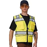 A-SAFETY High Vis Reflective Safety Vest for Men Women Zipper Ipad Pockets Mesh Construction Apparel Neon Vest for Work