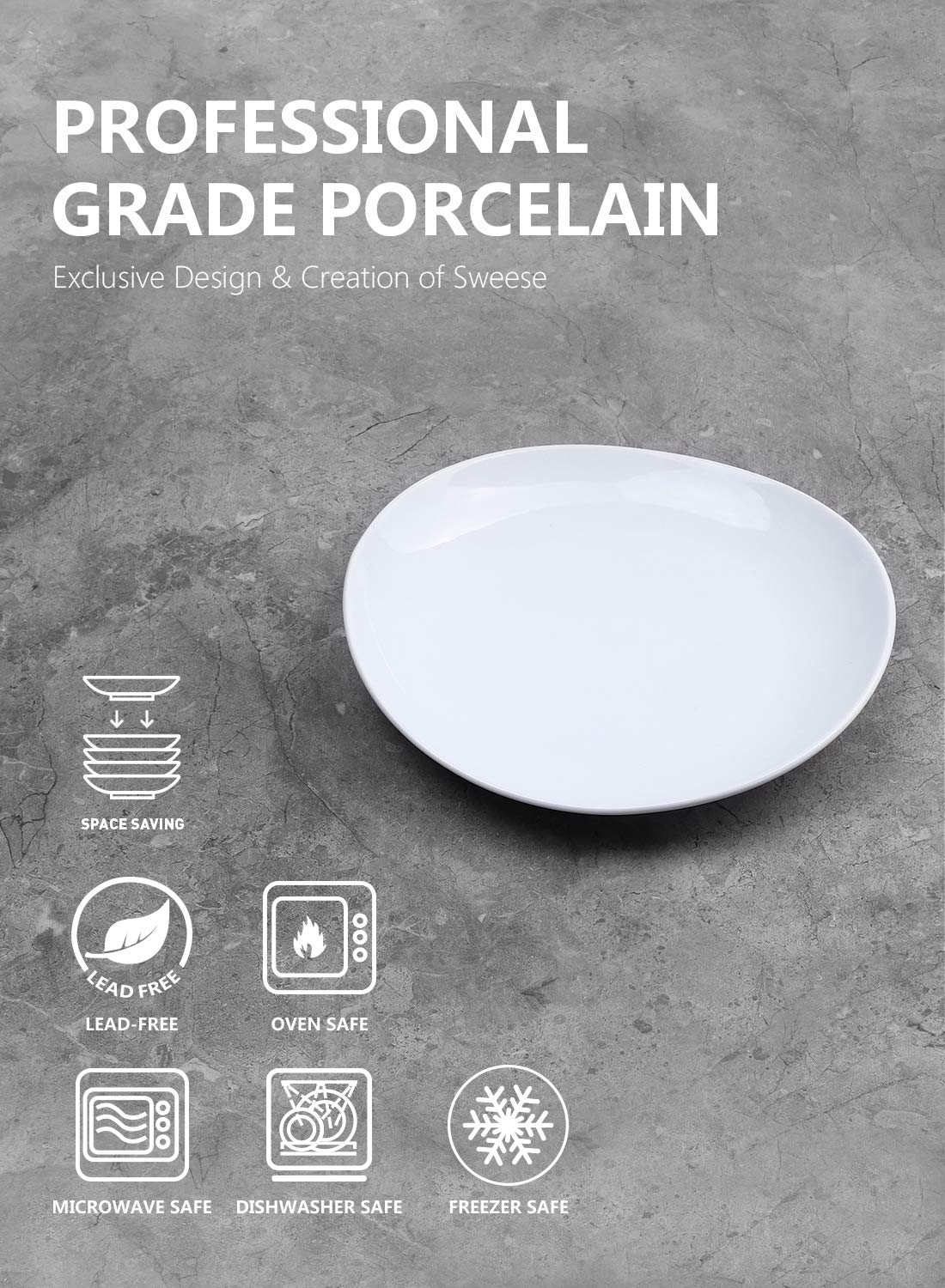 Sweese 151.001 Porcelain Dessert Salad Plates - 7.8 Inch - Set of 6, White