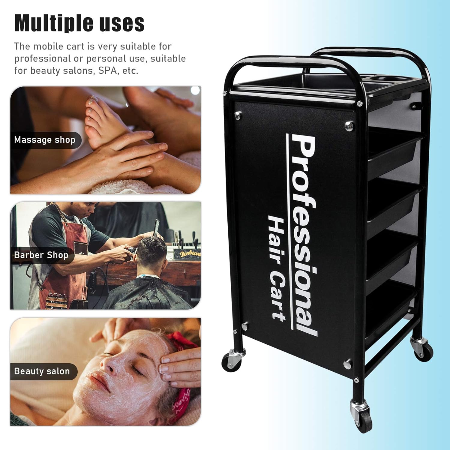 Kalolary 5 Tier Salon Rolling Trolley Cart, Metal Hair Salon Instrument Storage Cart, Bilateral Tray Multipurpose Tool Cart Mobile Storage Organizer for Beauty SPA Tattoo Salon: Beauty