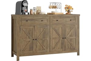 HOSTACK 55" Buffet Sideboard Cabinet with Storage, Modern Farmhouse Coffee Bar with Drawers and Shelves, Barn Doors Storage Cabinet for Kitchen, Living Room, Rustic Brown