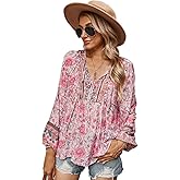KAYWIDE Women's Casual Boho V Neck Top Loose Floral Printed Long Sleeve Beach Shirts Blouses