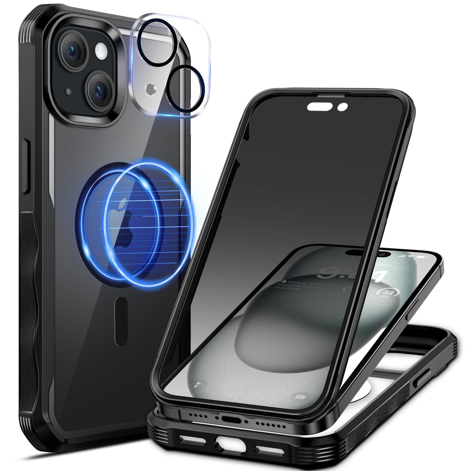 seacosmo Magnetic for iPhone 15 Plus Case 6.7 Inch, Privacy Phone Case Compatible with Magsafe Built-in 9H Tempered Glass Privacy Screen Protector + Camera Protective Full Body Shockproof Case, Black — image 1