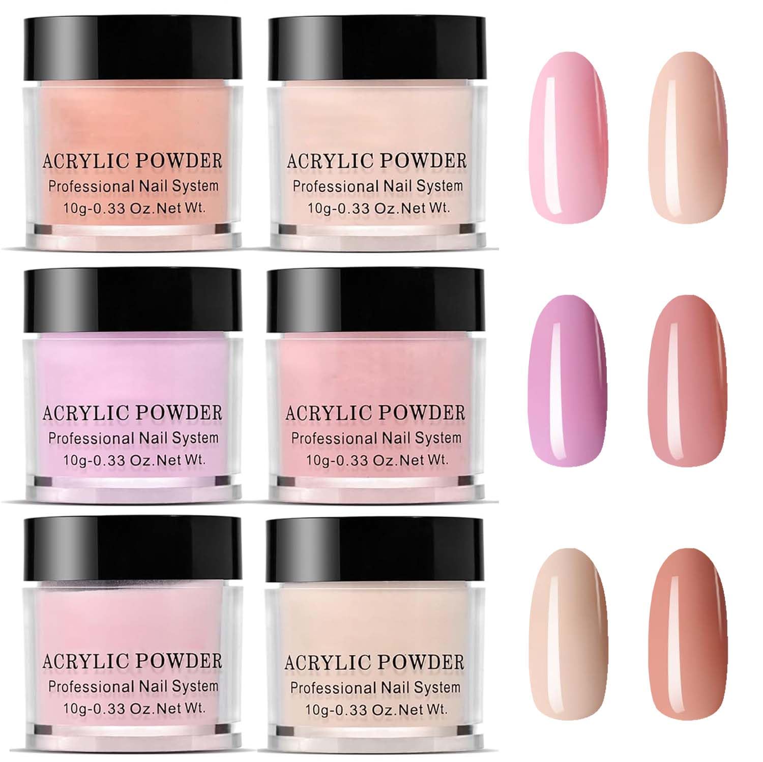 6 Shades of Nude Acrylic Powder Set for False Nail Extension & Carving - Crystal, Pink, Orange Tones - No Lamp Needed Acrylic Nail Kit